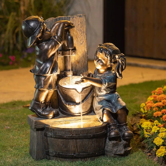 Water Fountain with LED Light, Children Playing with Faucet Waterfall Fountains, Antique Bronze Resin Boy and Girl Statues.