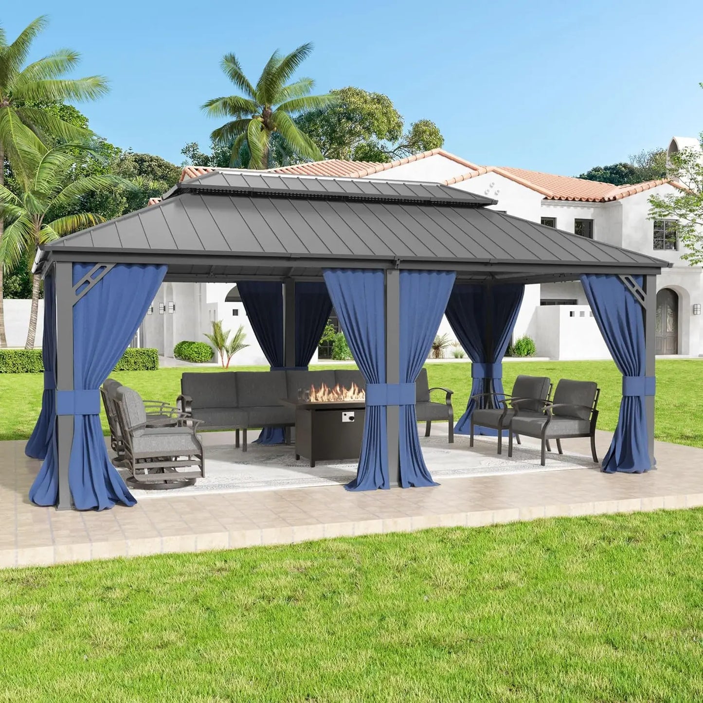 12'x16' Hardtop Galvanized Steel Metal Double Roof Gazebo with Curtains and Netting for Patios, Gardens, Navy and Blue