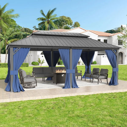 12'x16' Hardtop Galvanized Steel Metal Double Roof Gazebo with Curtains and Netting for Patios, Gardens, Navy and Blue