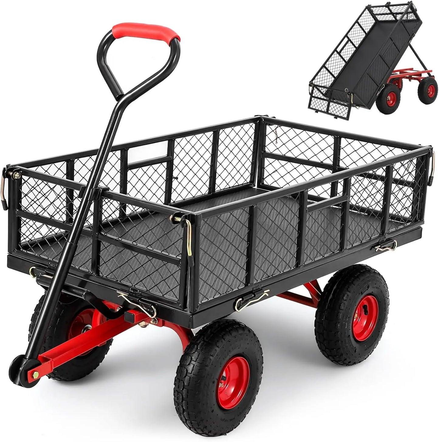 Heavy Duty Steel Garden Dump Cart Metal Garden Wagon with Removable Mesh Sides Utility  and Rotating Handle