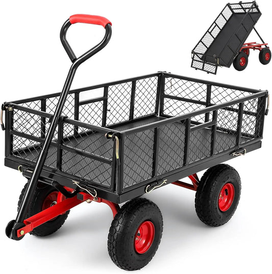 Heavy Duty Steel Garden Dump Cart Metal Garden Wagon with Removable Mesh Sides Utility  and Rotating Handle