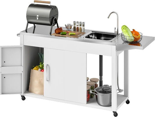 Outdoor Kitchen Island Grill Table and with Stainless Steel Sink and Drainage, Foldable Side Table and Cabinet