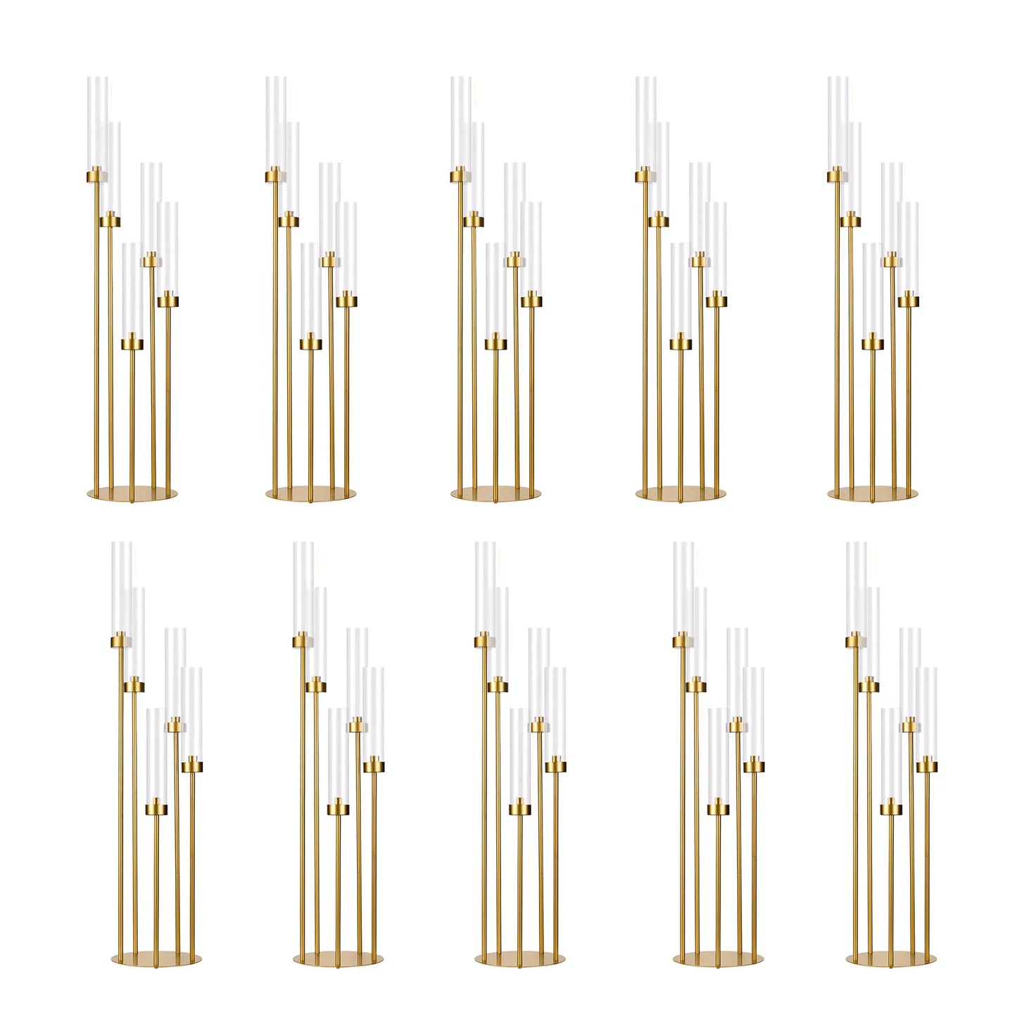 10PCS Tall Gold Floor Candelabra, 5 Arm Candle Holder with Acrylic Lampshade for Wedding Table or Birthday Party