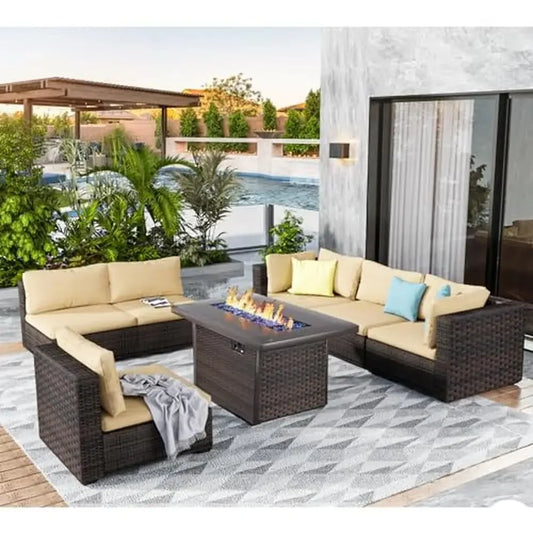 Outdoor Rattan Wicker Conversation Sectional Patio Set with Fire Pit Table