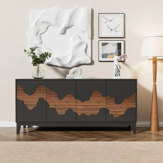 Modern 4 Door Sideboard Buffet Cabinet with Brown Water Stream Patterns Design - Versatile Storage Solution for Kitchen