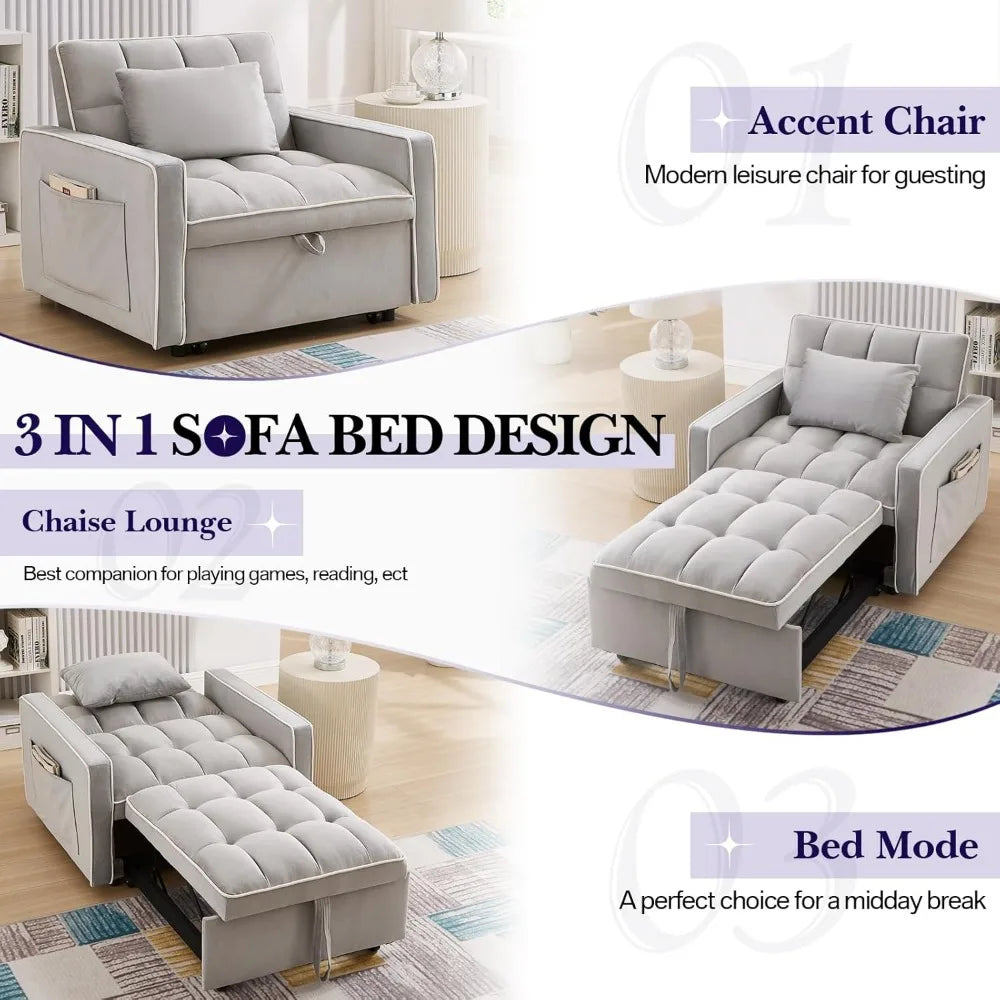 3 in 1 Modern Velvet Pull Out Convertible Small Tufted Single Sleeper Chair Bed,  with Adjustable Backrest.
