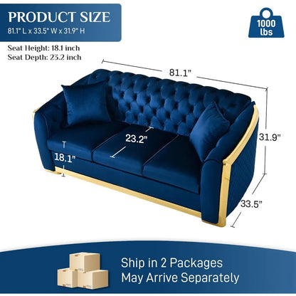 81" 3 Seater Modern Mid Century Velvet Chesterfield Blue and Gold Luxury Curved Loveseat and Sofa Couch for Living Room