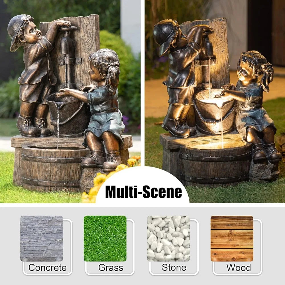 Water Fountain with LED Light, Children Playing with Faucet Waterfall Fountains, Antique Bronze Resin Boy and Girl Statues.