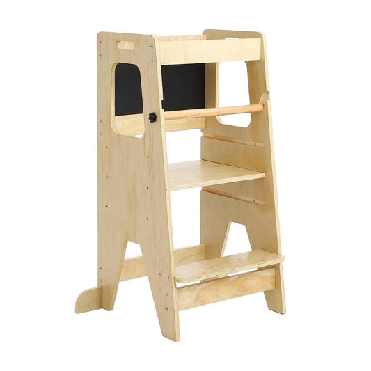 Wooden Toddlers Kitchen Step Stool with Blackboard & Safety Rails and Adjustable Montessori Learning Helper