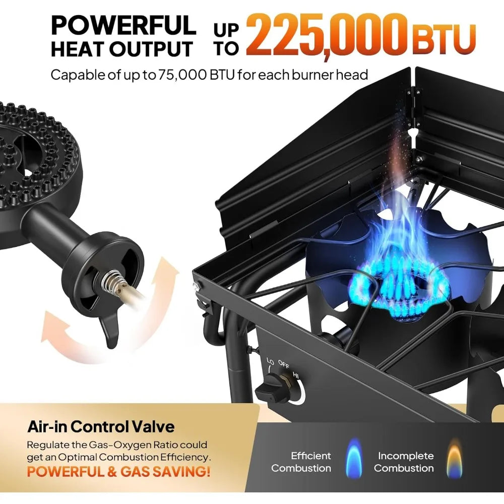 3 burner gas stove, 2 side shelf, 225,000BTU portable propane stove, regulator for camping, home backyard outdoor cooking