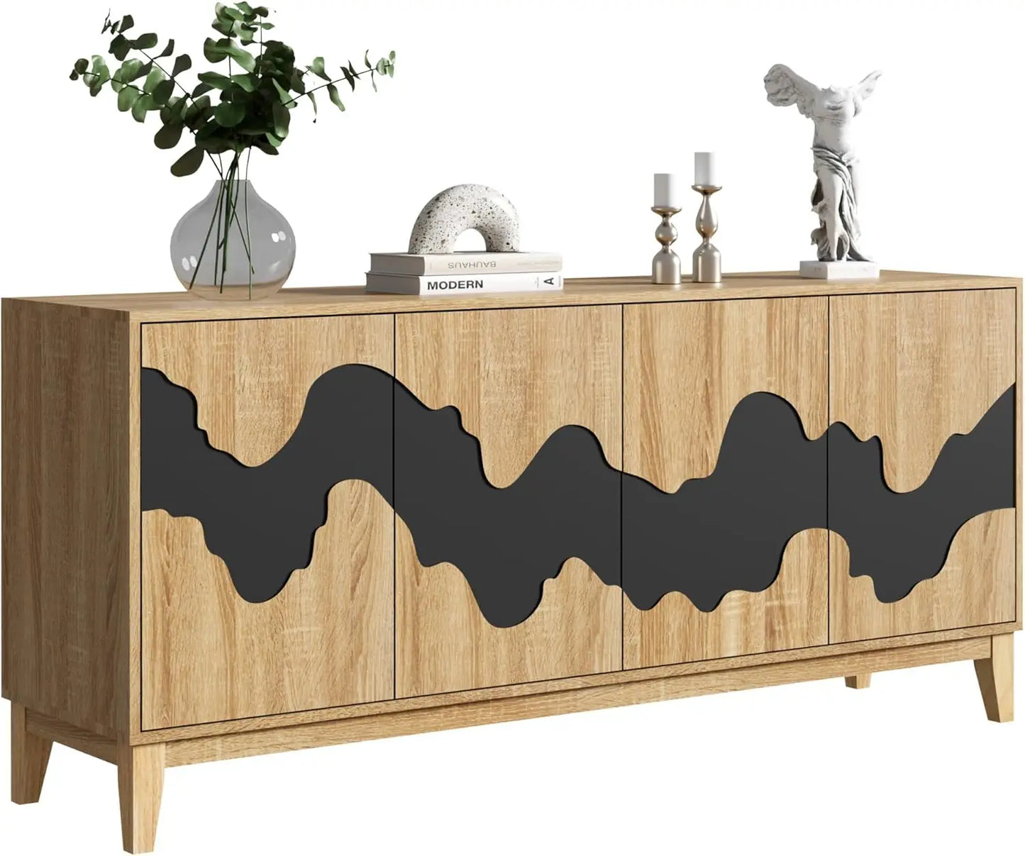 Modern 4 Door Sideboard Buffet Cabinet with Brown Water Stream Patterns Design - Versatile Storage Solution for Kitchen