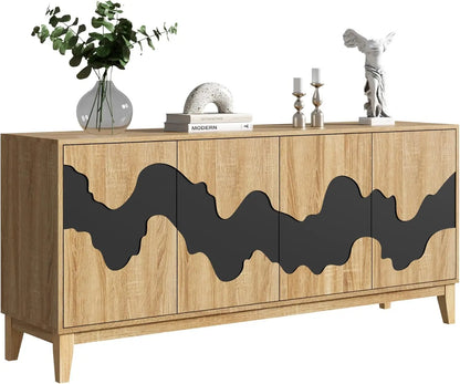 Modern 4 Door Sideboard Buffet Cabinet with Brown Water Stream Patterns Design - Versatile Storage Solution for Kitchen
