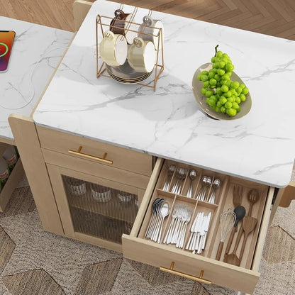 Kitchen Island and Cart with Extendable Dining Table, Marble Grain Top with Power Outlet