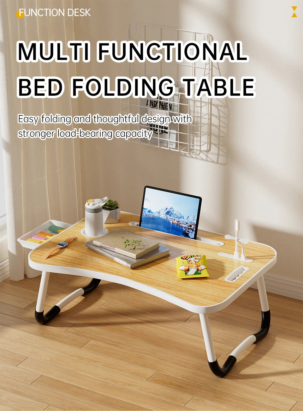 Portable Laptop Desk with USB Light, Small Fan, Cup Holder, Tablet Slot, and Lifting Handle - Foldable for Working,