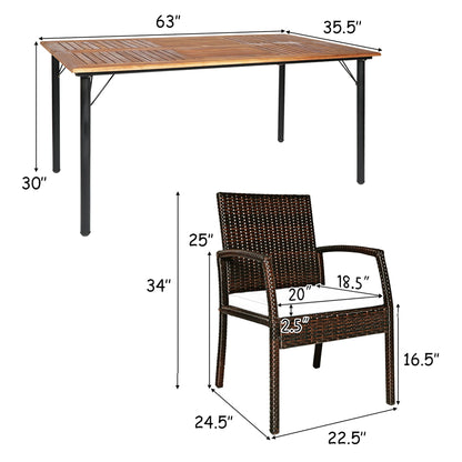 7PCS Rattan Patio Dining Set Wooden Chairs, Table Top W/Umbrella Hole
