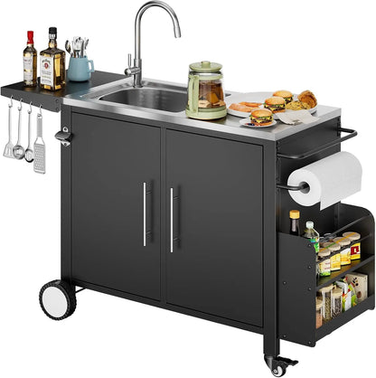 Outdoor Grill Cart with Storage, Movable Modular BBQ Cart, Waterproof Patio Kitchen Island with Hooks and Spice Rack