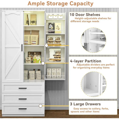 72" LED Farmhouse Tall Storage 3 Drawers Wood Food Pantry with Barn Doors