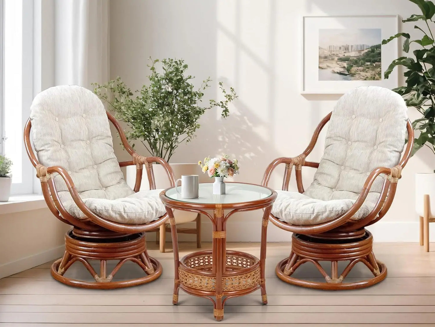 Set of 2Natural Rattan Wicker Handmade Bali Lounge Swivel Rocking Chairs with Cream Cushion and Pelangi Round Coffee Table