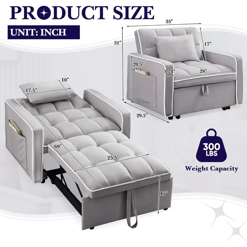 3 in 1 Modern Velvet Pull Out Convertible Small Tufted Single Sleeper Chair Bed,  with Adjustable Backrest.