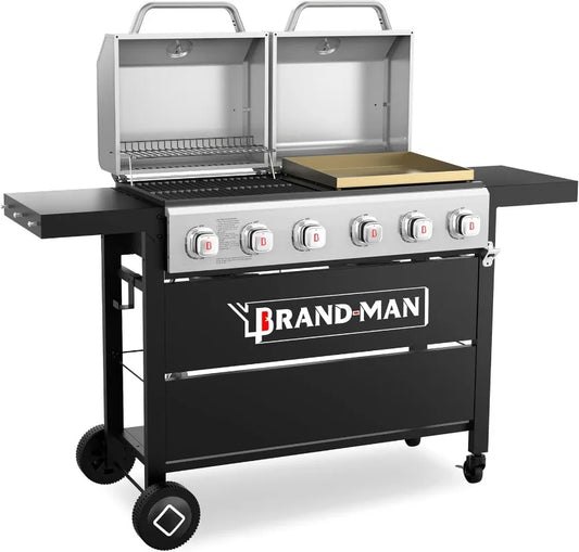 Combo 6-Burner, 2 in 1 Combo 6 Burner Versatile Propane Gas Grill and Griddle with Double Stainless Steel Lids,  Cookouts and BBQ