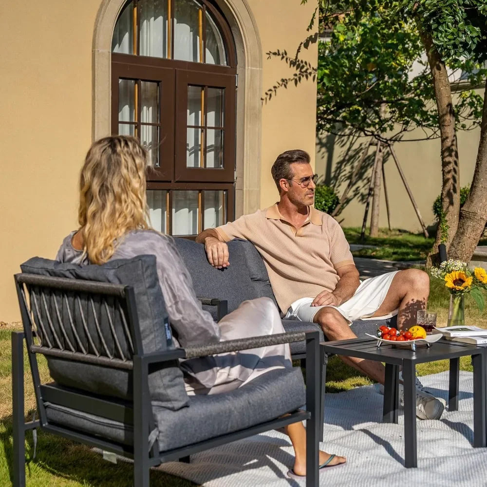 3 Pieces Outdoor Metal Frame Patio Set with 2 Armchairs and Side Table, or Single Sofa Set for Garden