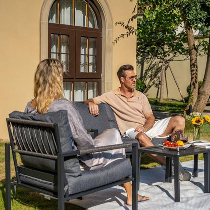 3 Pieces Outdoor Metal Frame Patio Set with 2 Armchairs and Side Table, or Single Sofa Set for Garden