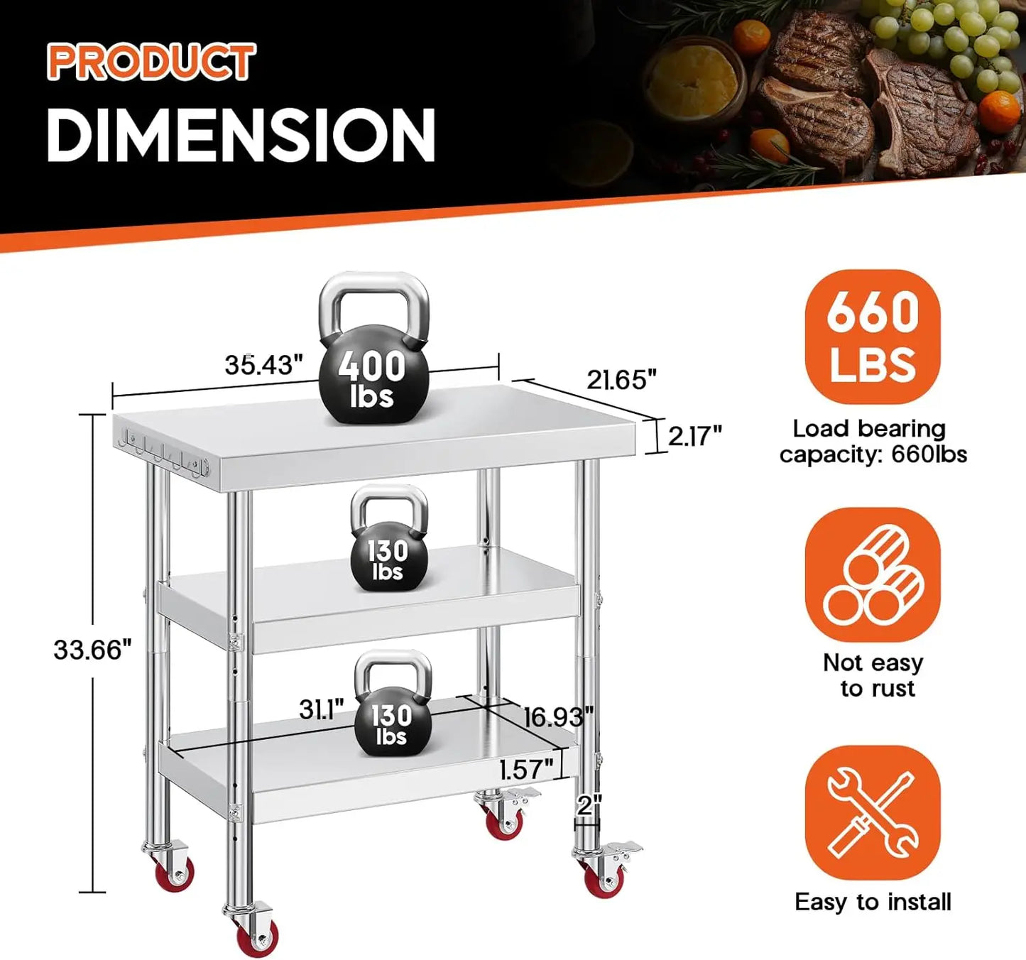 22x36in Stainless Steel Prep Table with NSF Certified Metal Surface , Adjustable Undershelf, Includes Casters& Hooks