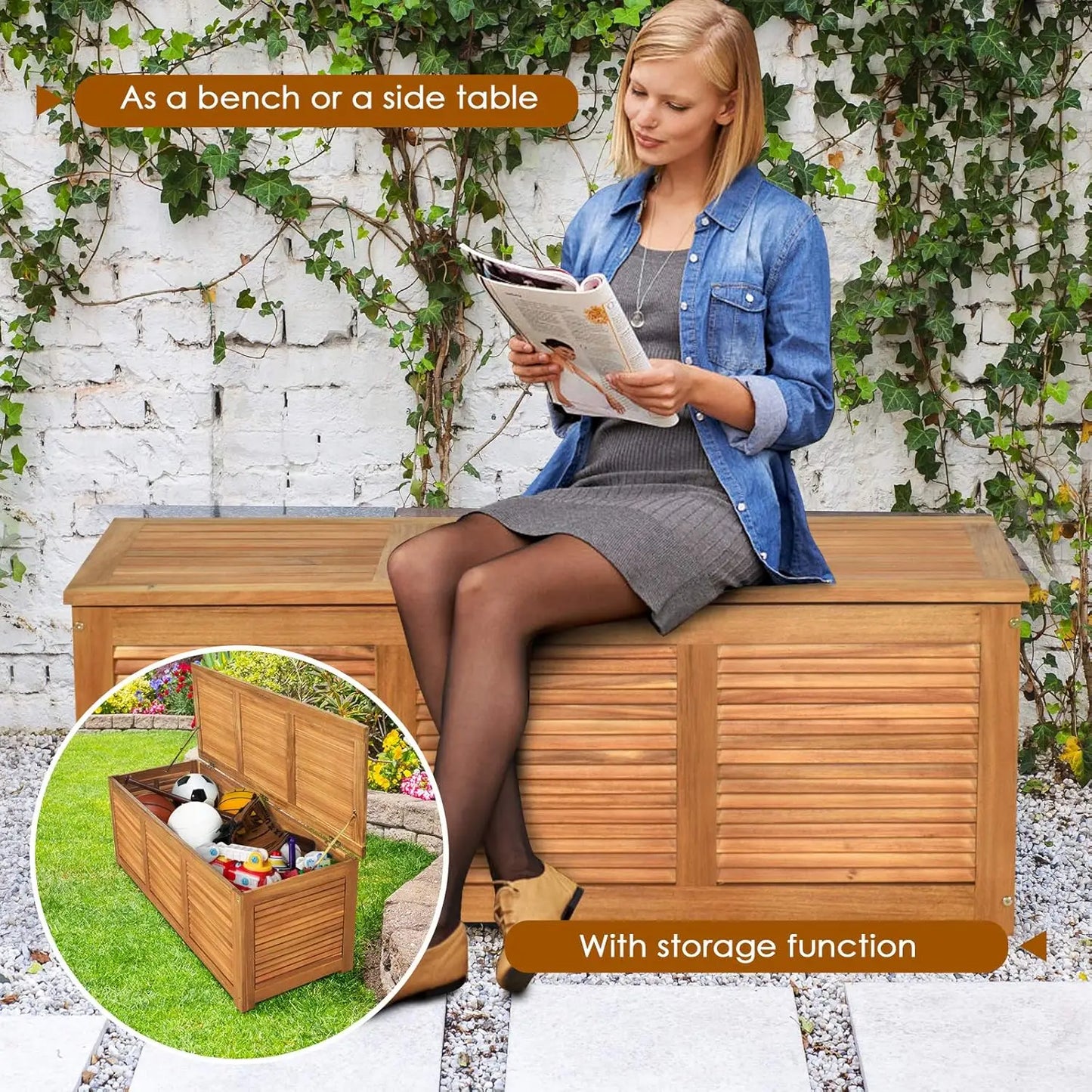 46 Gallon Acacia Wood Backyard Garden Deck Box for Patio Furniture Cushions