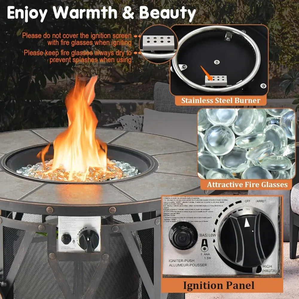 32 inch round 30,000 BTU Propane Gas Fire Pit with fire glasses & PVC  cover and ceramic tile