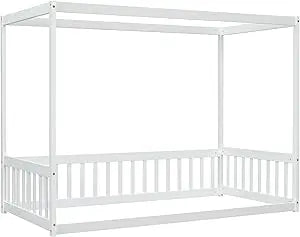 King Size Low Canopy Bed Frame with Support Legs, Solid Wood and Wooden Slats