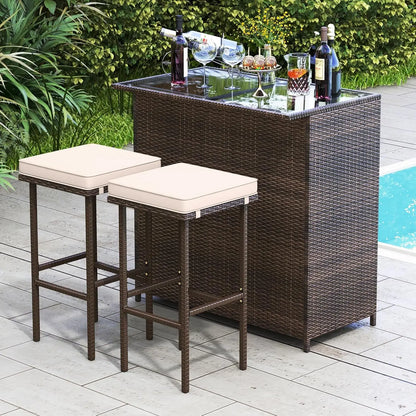 3 Piece Outdoor Rattan Patio Bar and 2 Stools with Tempered Glass Tabletop and Removable Cushions
