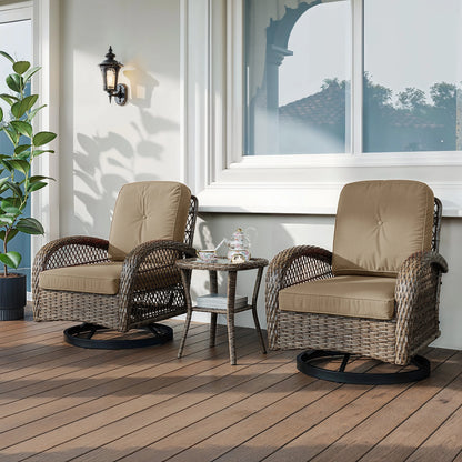 3 Pieces Outdoor Rotating Rocking Chair Patio Bistro Set with Cozy and Padded Cushions.