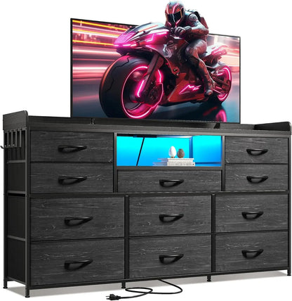 60" Long Dresser TV Stand with 11 Drawers, LED Lights, Charging Station for Bedroom