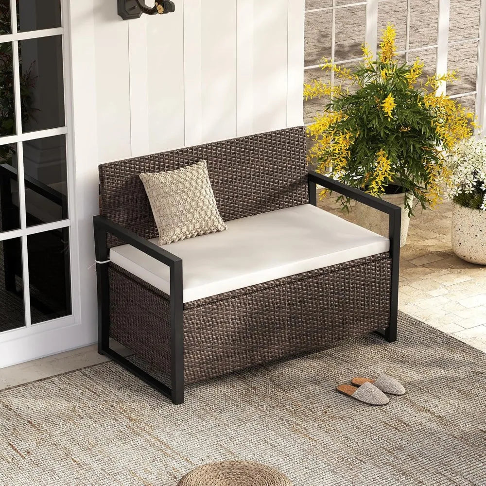 40 Gallon Patio Wicker Metal Frame Storage Bench with Cushion and Cover for backyard.