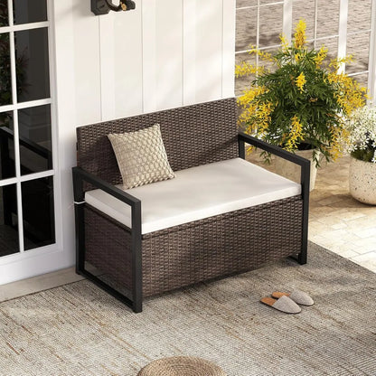 40 Gallon Patio Wicker Metal Frame Storage Bench with Cushion and Cover for backyard.