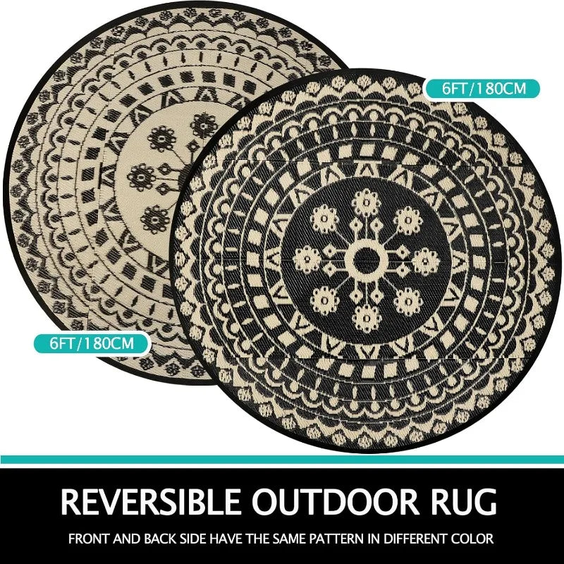 6Ft Round Reversible Waterproof Plastic Straw Boho Circle Indoor/Outside Area Rug for RV and Patio