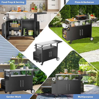Outdoor Weatherproof Grill Cart Storage and Spice Rack Patio Kitchen Island with Wheels, Hooks .