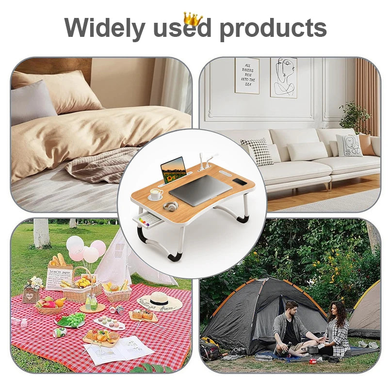 Portable Laptop Desk with USB Light, Small Fan, Cup Holder, Tablet Slot, and Lifting Handle - Foldable for Working,