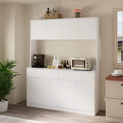 71" Kitchen Pantry Cabinet Hutch with Microwave Stand, Buffet Cabinet with Large Storage Drawers for Dining Room (White
