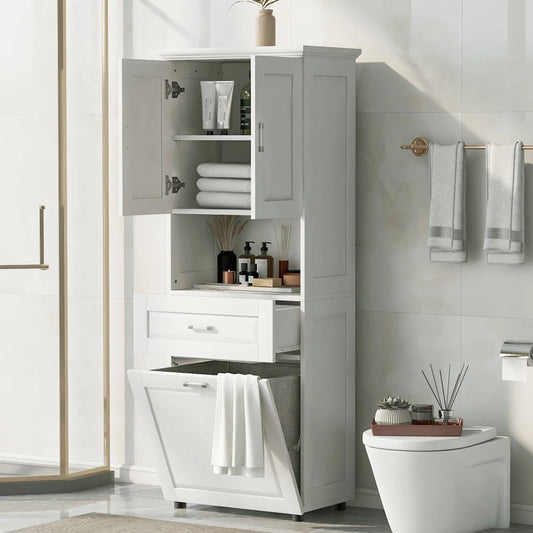 Tall Bathroom Cabinet with Laundry Basket, Large Storage Space, Tilt-Out Laundry Hamper and Upper Storage Cabinet, White
