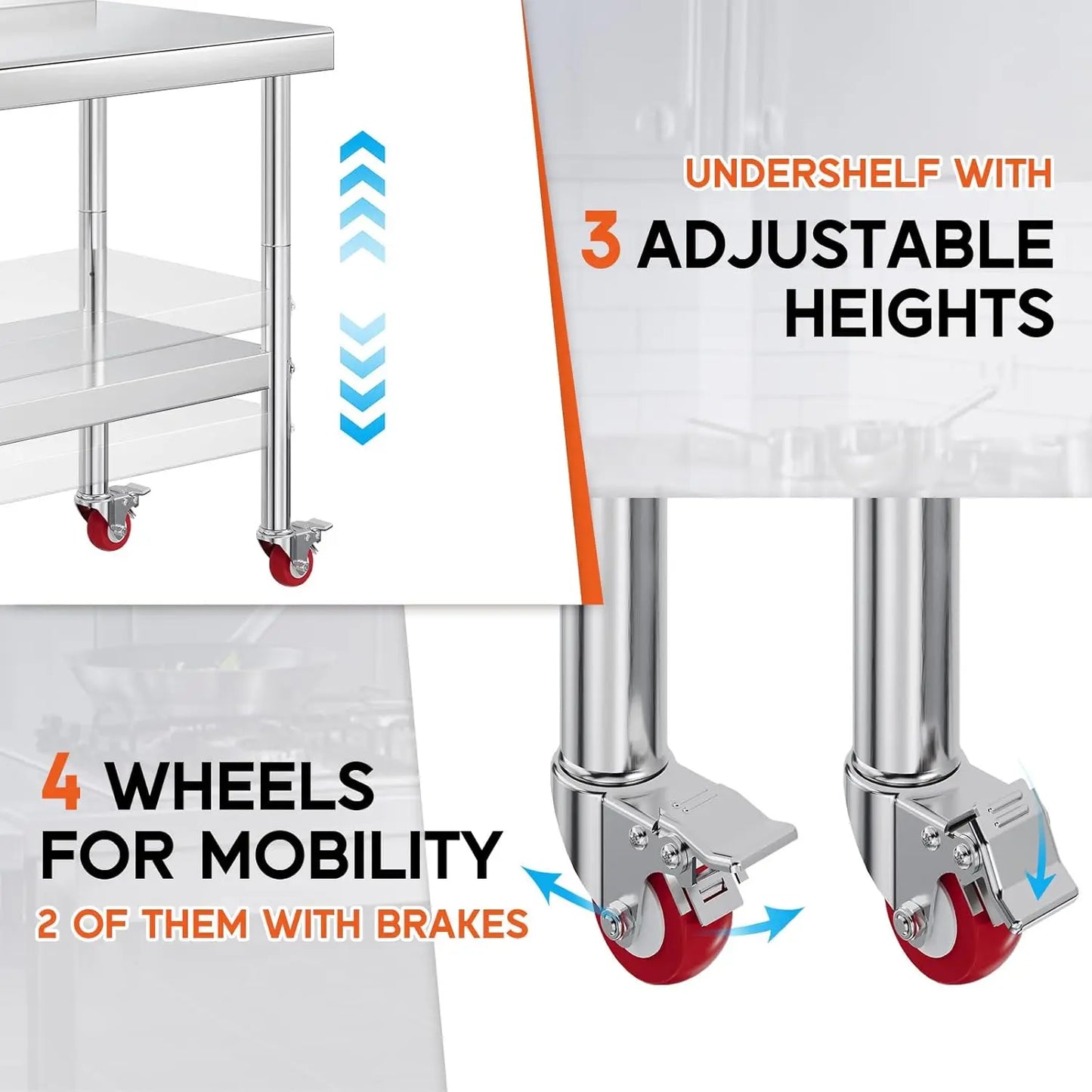 22x36in Stainless Steel Prep Table with NSF Certified Metal Surface , Adjustable Undershelf, Includes Casters& Hooks