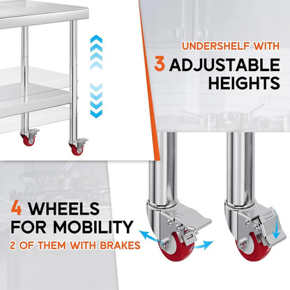 22x36in Stainless Steel Prep Table with NSF Certified Metal Surface , Adjustable Undershelf, Includes Casters& Hooks