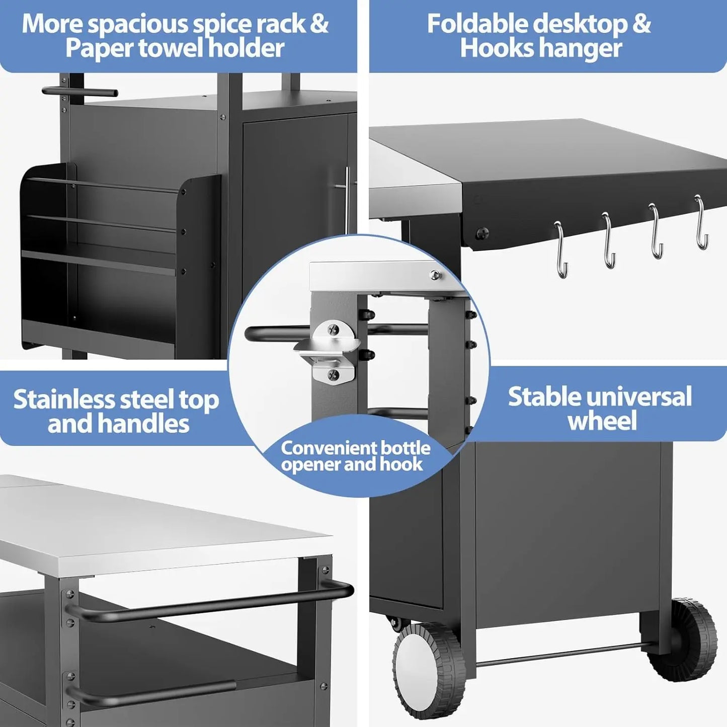Outdoor Weatherproof Grill Cart Storage and Spice Rack Patio Kitchen Island with Wheels, Hooks .
