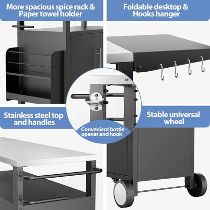 Outdoor Weatherproof Grill Cart Storage and Spice Rack Patio Kitchen Island with Wheels, Hooks .