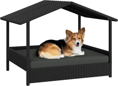Outdoor/Indoor Wicker Elevated Shade Canopy Dog Bed with Cushion for Small/Medium Dogs .