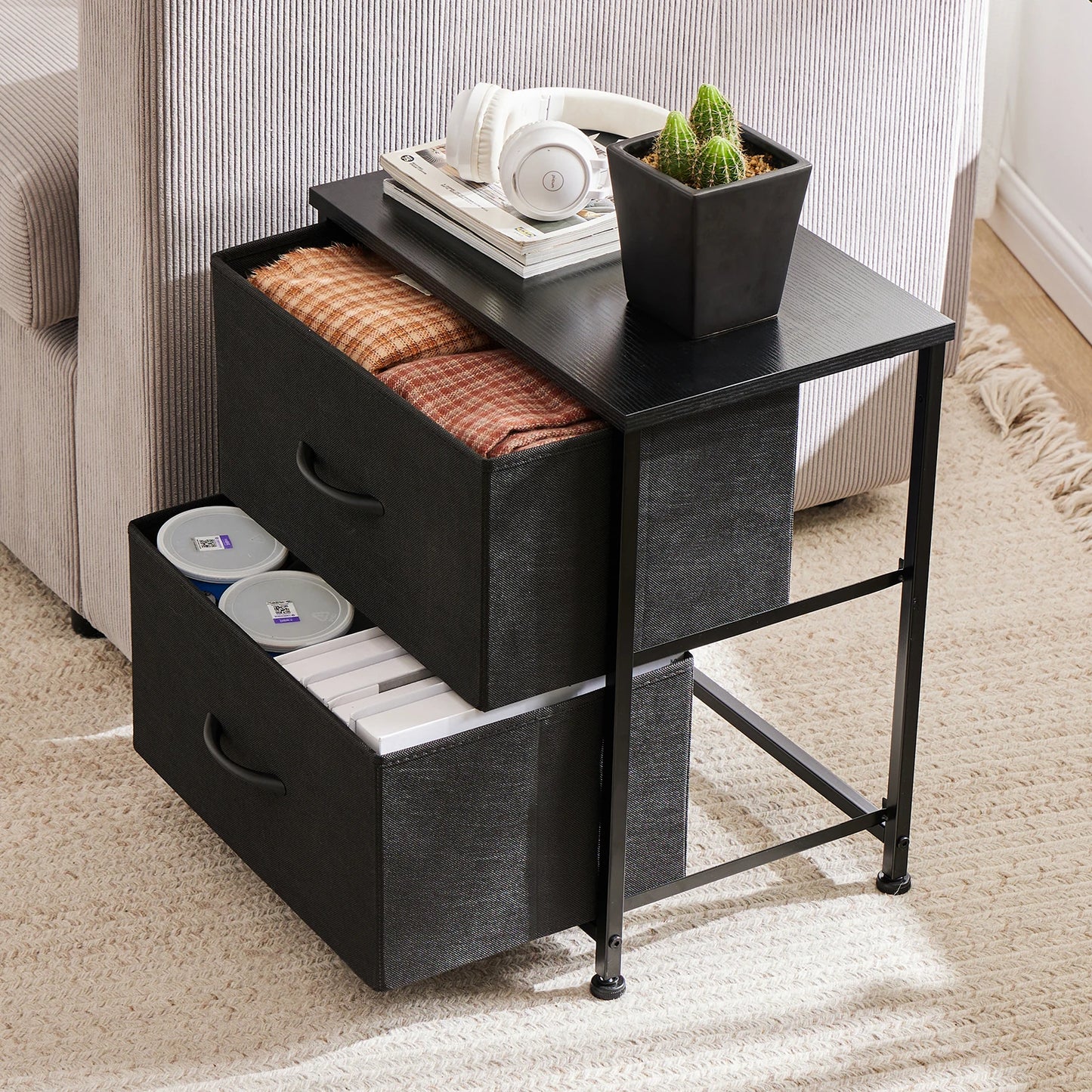 2 Fabric Drawers Cabinet Nightstand for Bedside, Coffee Table, Sofa, Tea Table, Storage, Closet, Chest, Clothes For Bedroom