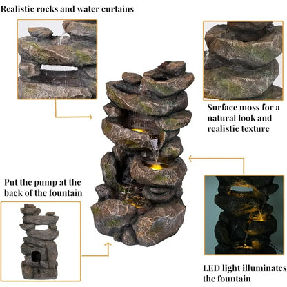 5 Tier 31.5"H Rustic Rock Freestanding Outdoor Floor Waterfall Fountain with Cascading Streams & LED Lights