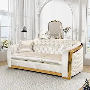 81" 3 Seater Modern Mid Century Velvet Chesterfield Blue and Gold Luxury Curved Loveseat and Sofa Couch for Living Room