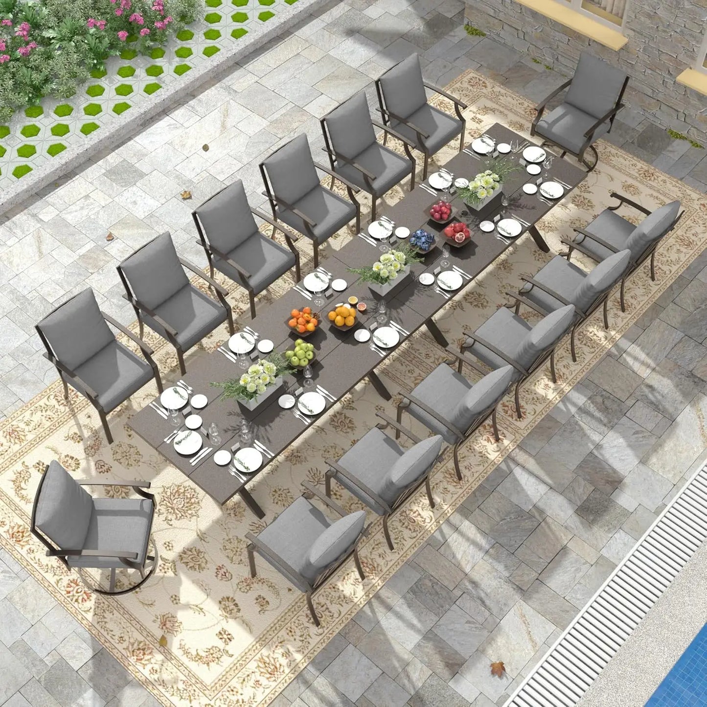 16 Pieces Outdoor Dining Table and Chairs Set with Grey Cushions