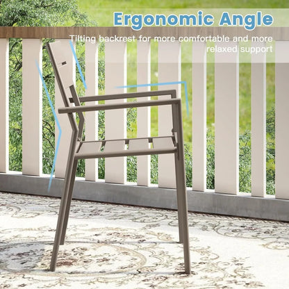 7 Pieces Outdoor Metal Frame Patio Dining Set, with 6 Cream Stackable Metal Chairs and 63" Sand shell Rectangle Dining Table